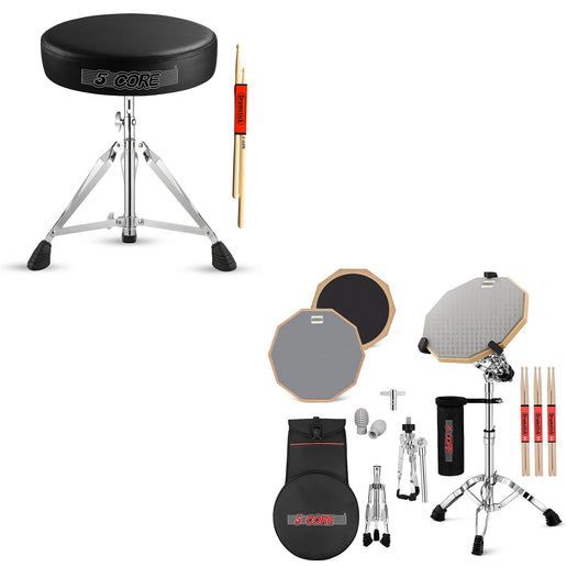 5Core Drum Throne Adjustable Guitar Stool Padded Seat + Drum Practice Pad Snare Drumming Stand - DS CH BLK + DPAD COMBO GREY