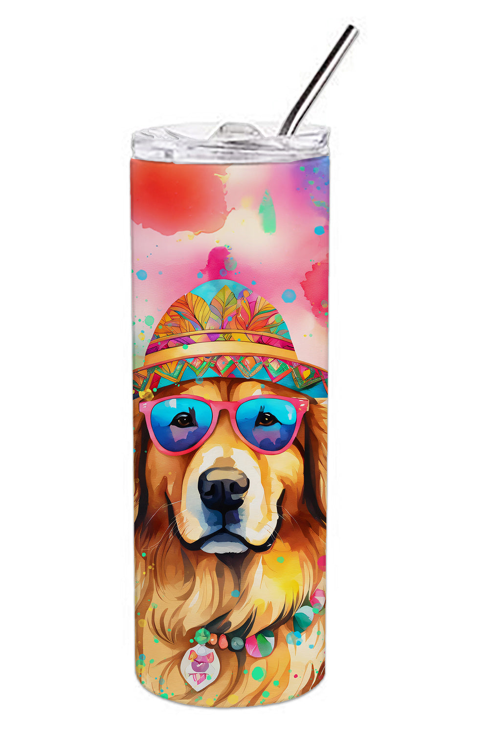 Golden Retriever Hippie Dawg Stainless Steel Skinny Tumbler Vacuum Double Walled Reusable Insulated Tumbler Travel Cup for Coffee Cocktails Gift with Lid, 20 oz