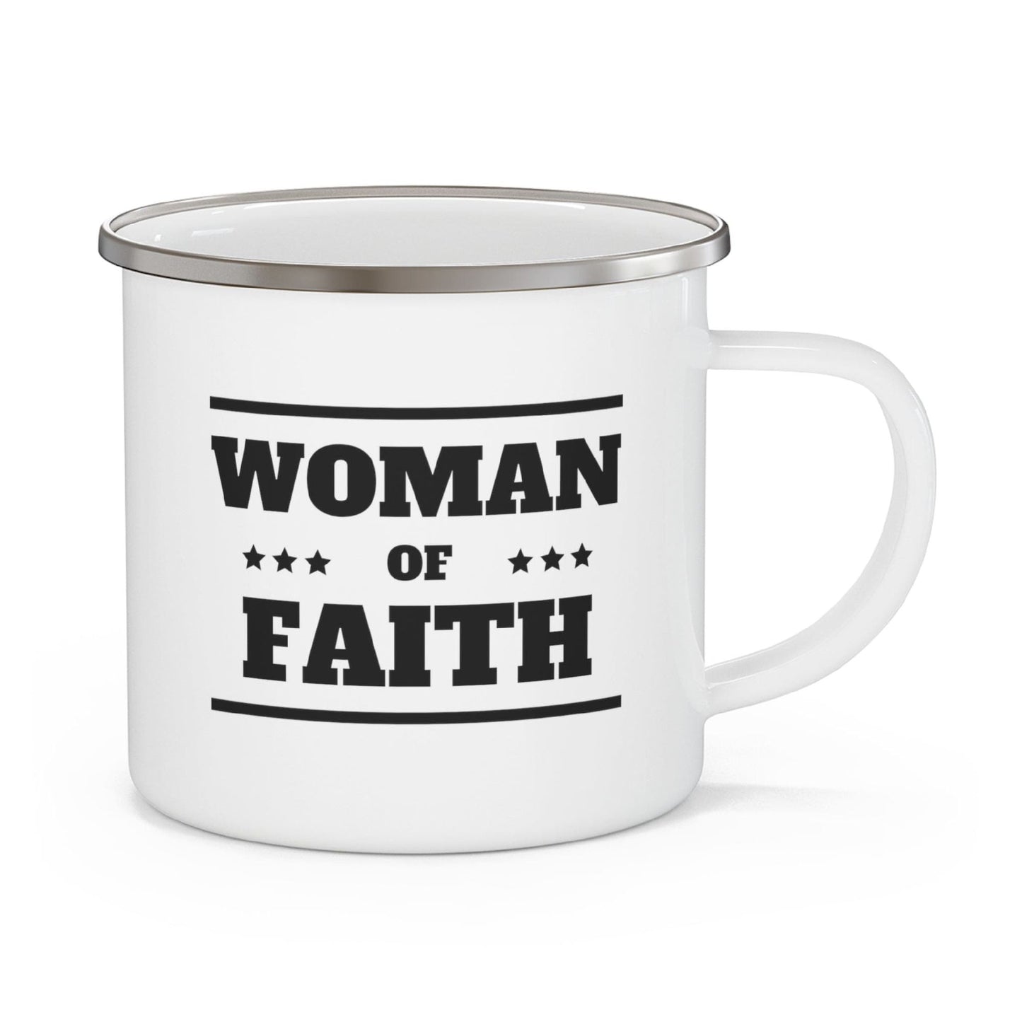 Enamel Camping Mug, Woman Of Faith Black Illustration