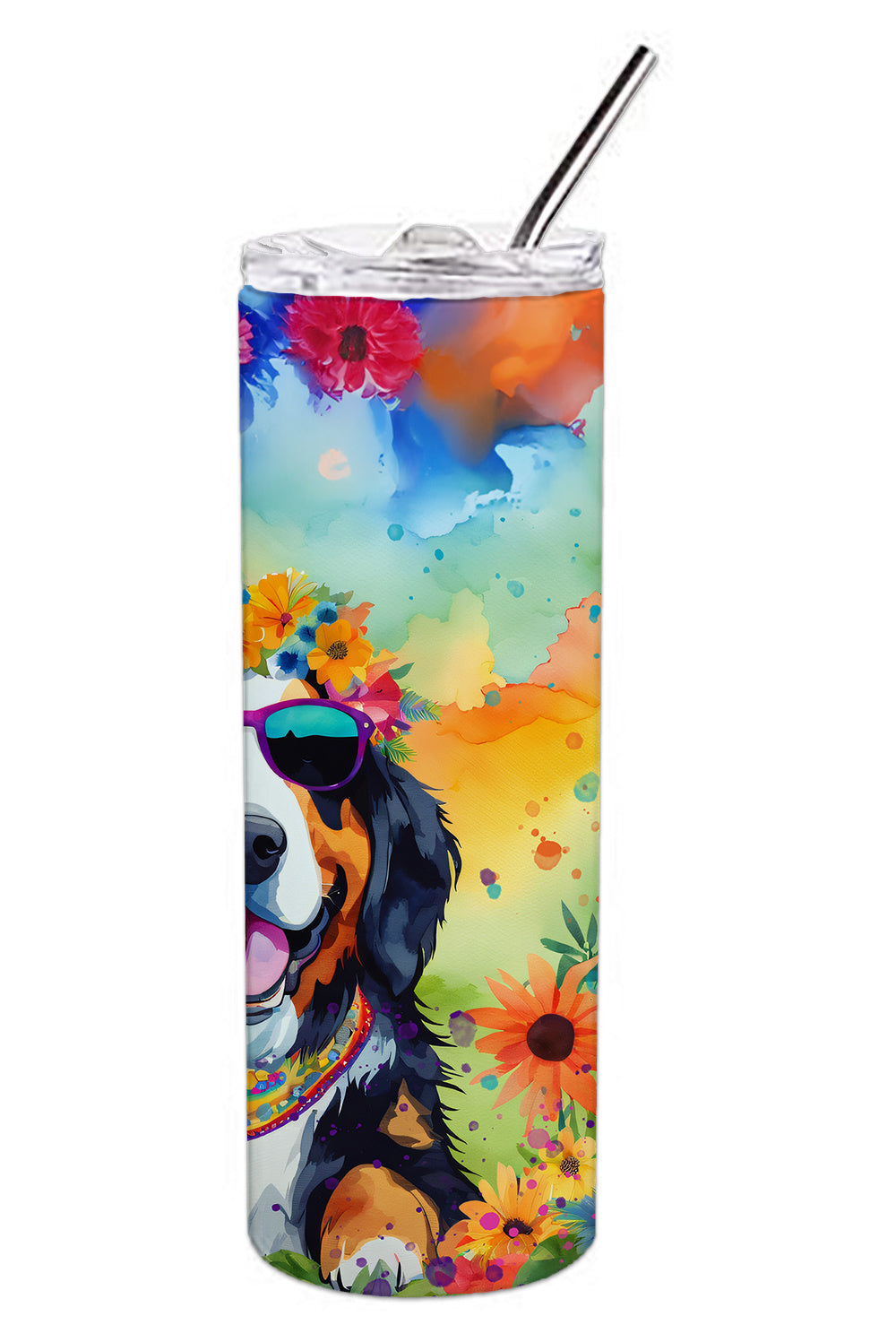 Bernese Mountain Dog Hippie Dawg Stainless Steel Skinny Tumbler Vacuum Double Walled Reusable Insulated Tumbler Travel Cup for Coffee Cocktails Gift with Lid, 20 oz