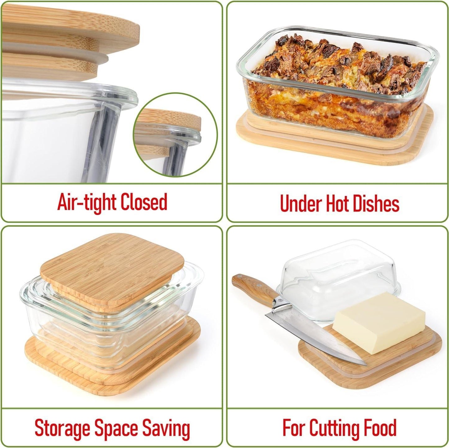 Fresh Guard 4 Pack Glass Food Storage Containers with Bamboo Lids, Glass Meal Prep Containers,Airtight Glass Bento Boxes with Bamboo Lids, Safe for Microwave, Oven, Freezer and Dishwasher, BPA Free