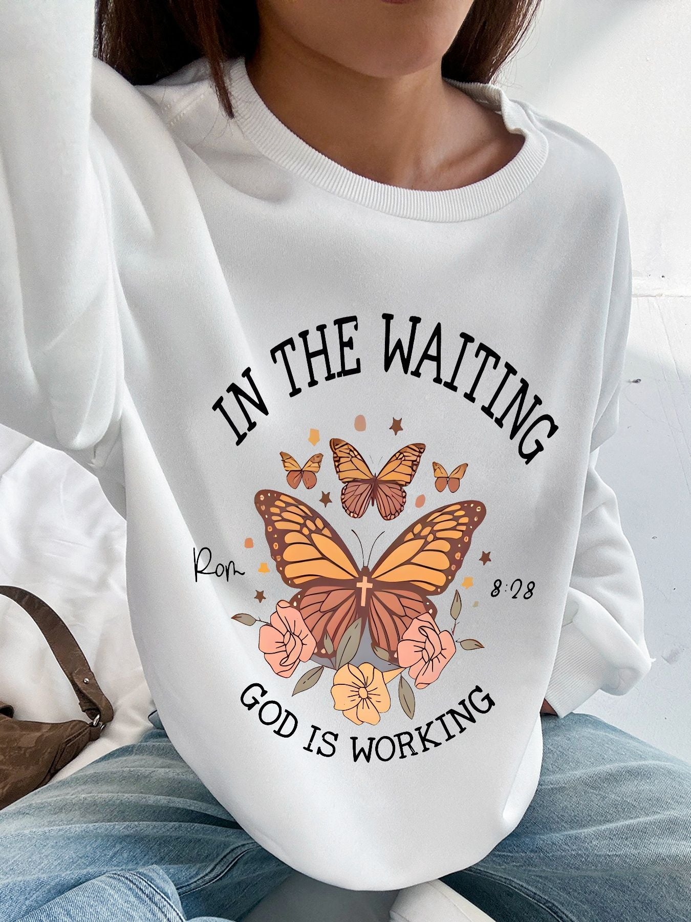 Women Basic Casual Pullover Spring Autumn Long Sleeve Butterflies Printed Round Neck