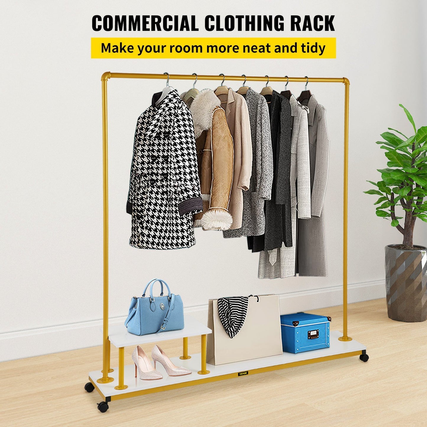 VEVOR Clothing Garment Rack, 59.1"x14.2"x63.0", Heavy-Duty Clothes Rack w/Bottom Shelf & Side Shelf, 4 Swivel Casters, Sturdy Steel Frame, Rolling Clothes Organizer for Retail Store Boutique, Gold