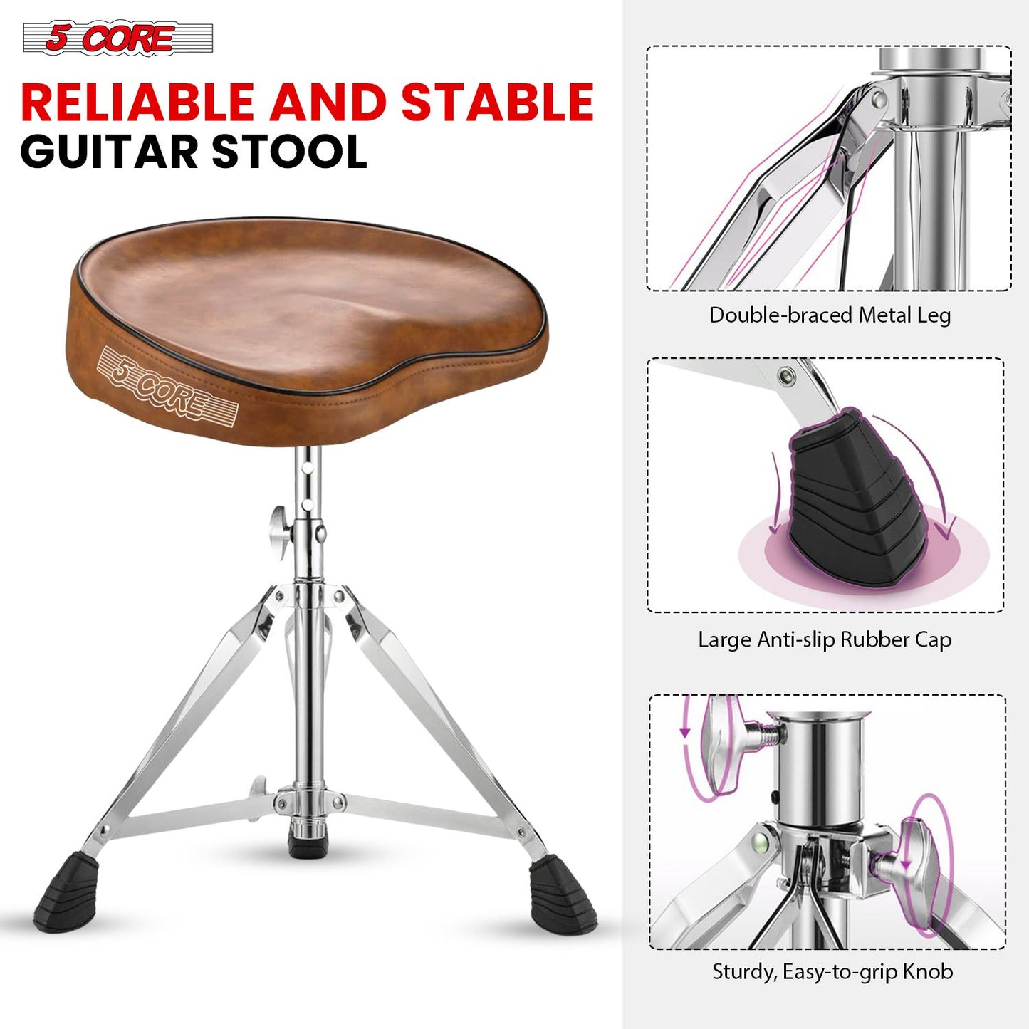 5 CORE Drum Throne Padded Guitar Stool Adjustable Saddle Music Chair Seat Universal for Adults & Kids with Anti Slip Rubber Feet - DS CH BR SDL