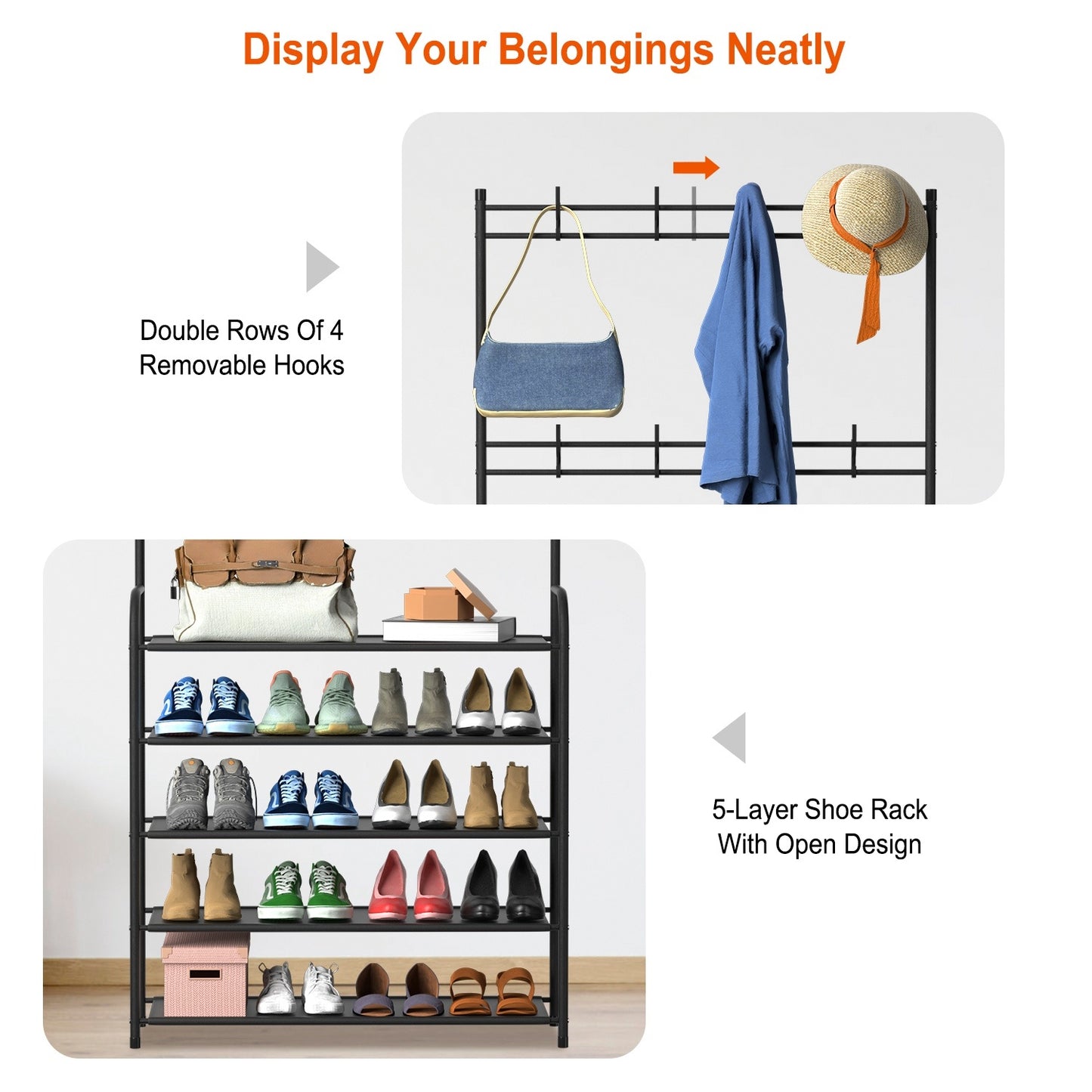 Entryway Coat Hat Rack Shoe Storage Shelf Shoe Rack Freestanding Hall Tree Garment Hanger Stand Clothes Shoe Organizer Combo