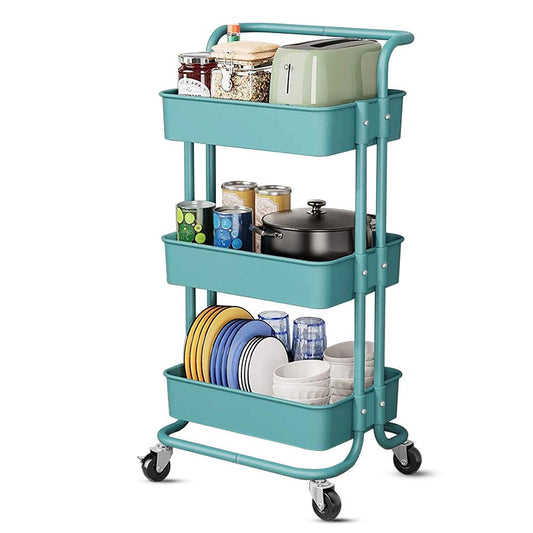 3 Tier Utility Cart Rolling Organizer, Rolling Cart with Wheels - Mobile Utility Cart Kitchen/Desk Car for Office, Bathroom, Kitchen, Kids Room, Classroom, Blue