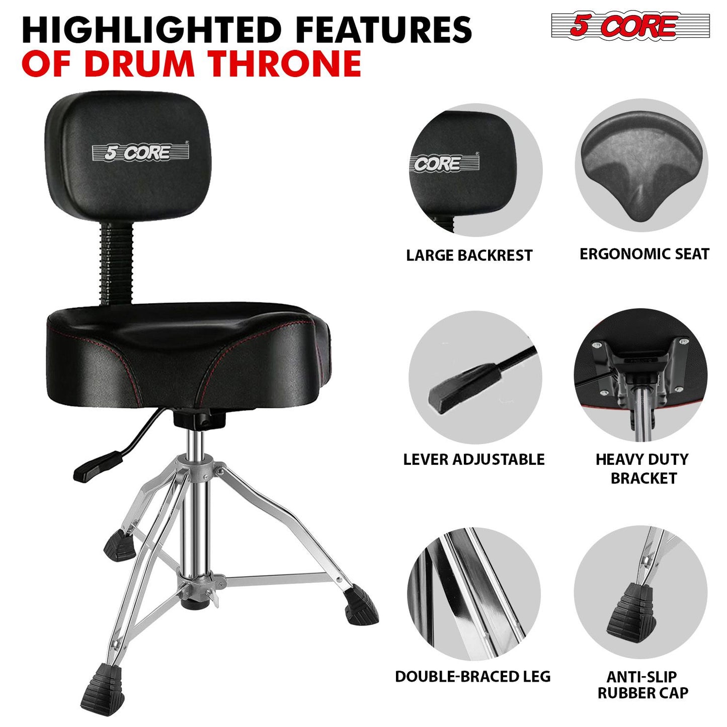 5 CORE Drum Throne with Backrest Thick Padded Adjustable Guitar Stool Motorcycle Style Saddle Music Chair Seat for Adult Drummers - DS CH BLK REST-LVR