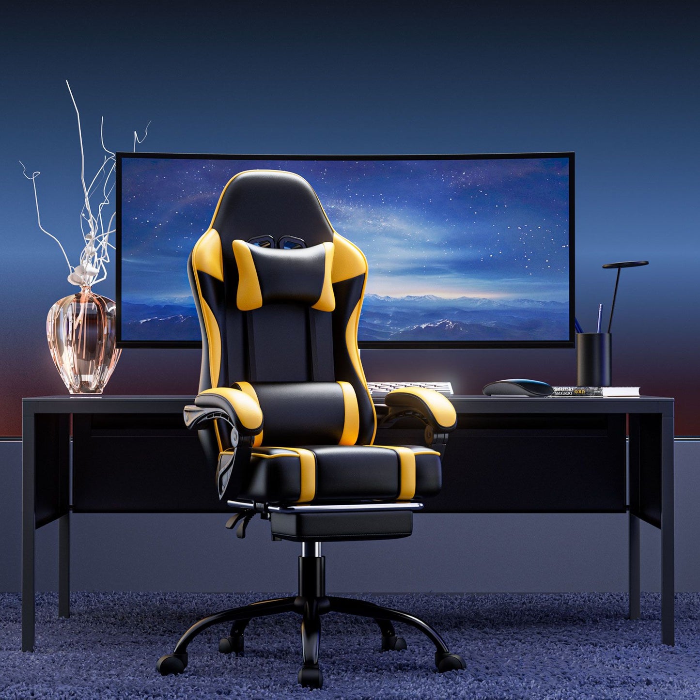 Video Game Chairs for Adults, PU Leather Gaming Chair with Footrest, 360°Swivel Adjustable Lumbar Pillow Gamer Chair, Comfortable Computer Chair for Heavy People