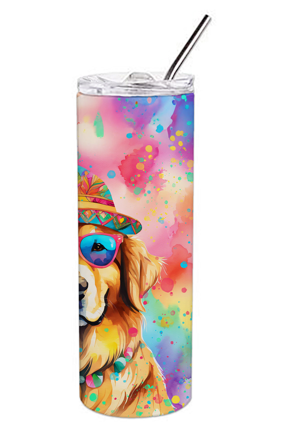 Golden Retriever Hippie Dawg Stainless Steel Skinny Tumbler Vacuum Double Walled Reusable Insulated Tumbler Travel Cup for Coffee Cocktails Gift with Lid, 20 oz