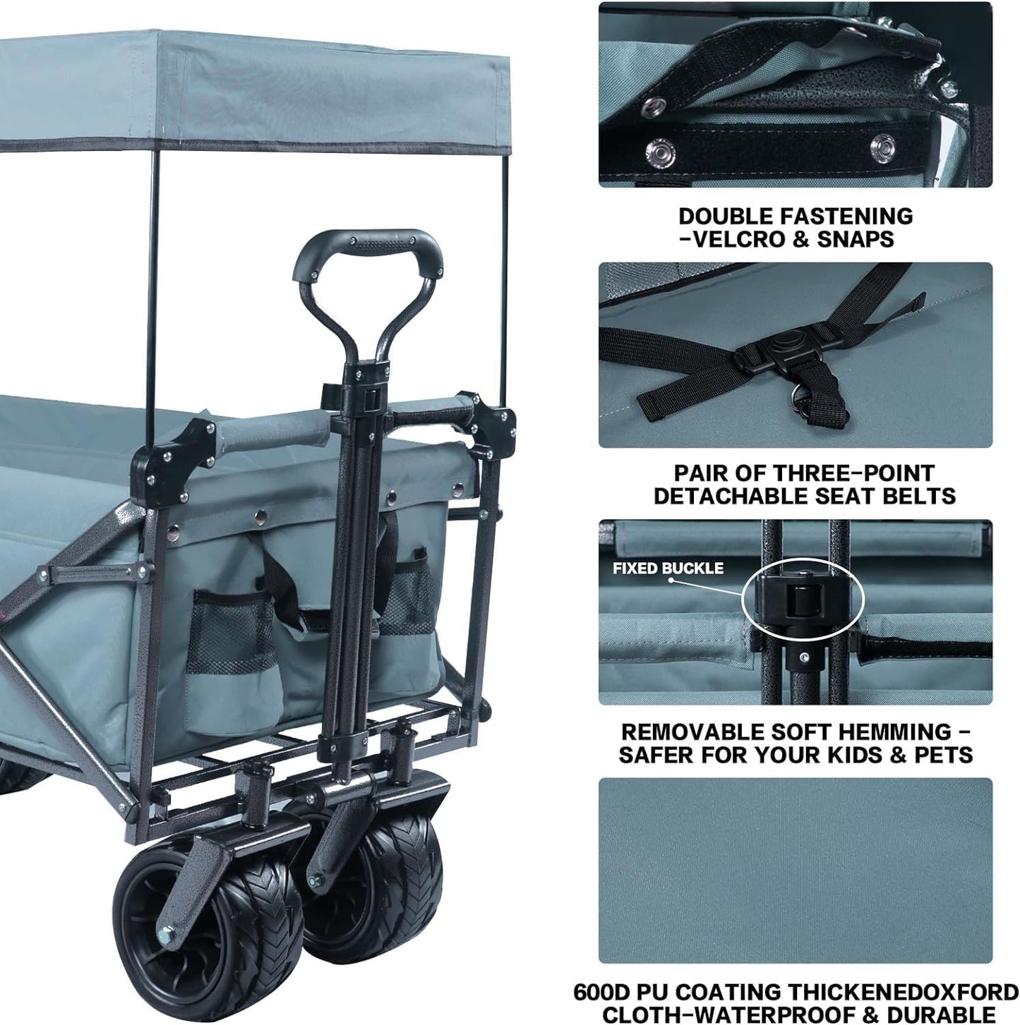 Collapsible Wagon Heavy Duty Folding Wagon Cart with Removable Canopy, 4" Wide Large All Terrain Wheels, Brake, Adjustable Handles,Cooler Bag Utility Carts for Outdoor Garden Beach