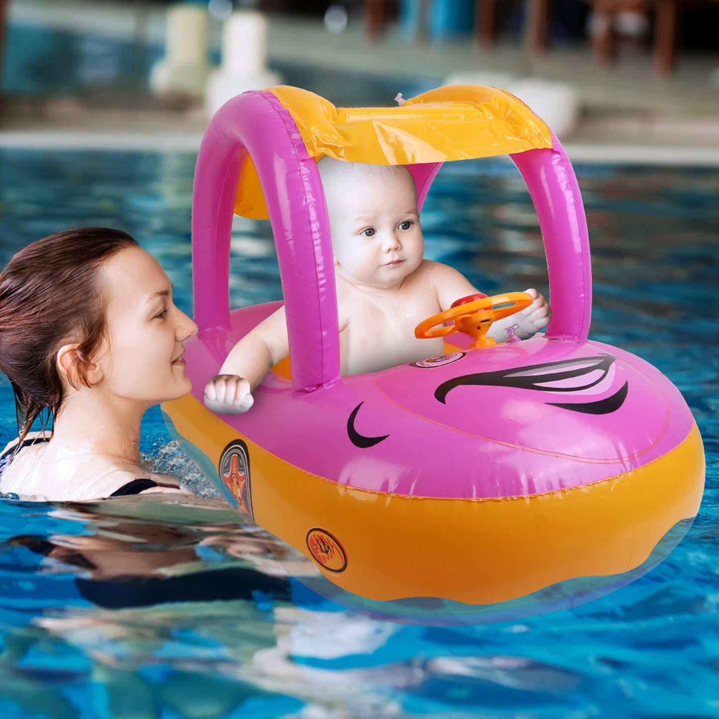 Baby Inflatable Pool Float Car Shaped Toddler Swimming Float Boat Pool Toy Infant Swim Ring Pool with Sun Protection Canopy for 1-3 Year-Old Kids Infant Toddlers