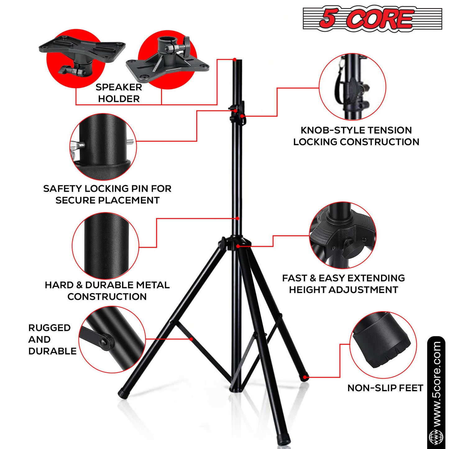 5 Core Speaker Stand Tripod Floor Tall Pair Adjustable Up to 72 Inch DJ Studio Monitor Stands Pole Mount  - SS ECO 2PK WoB