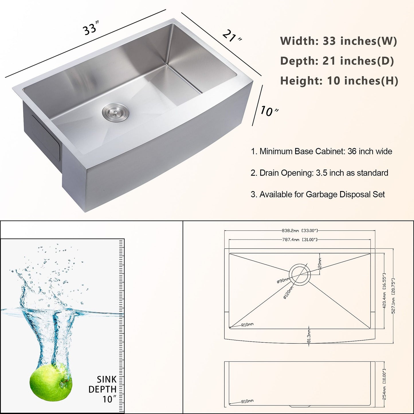 Lordear Farmhouse Sink Apron Front 16 Gauge Stainless Steel Single Bowl Farm Kitchen Sink