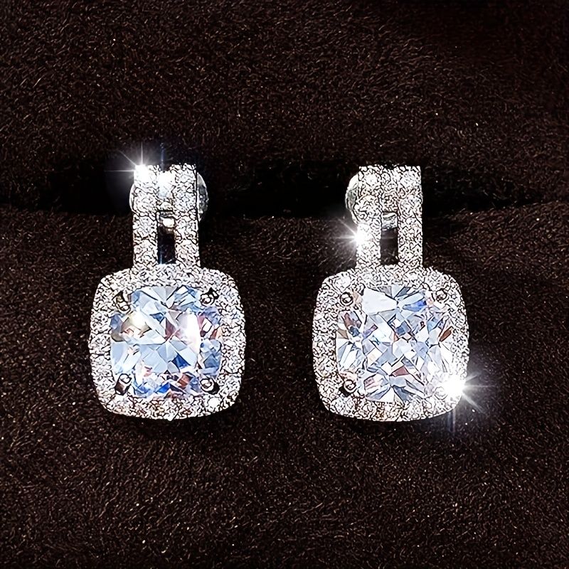 "2CT Cushion Moissanite Stud Drop Earrings D Color Lab Created Diamond Sterling Silver  Platinum Plated Square Halo Earrings for Women Birthday Jewelry Gifts"