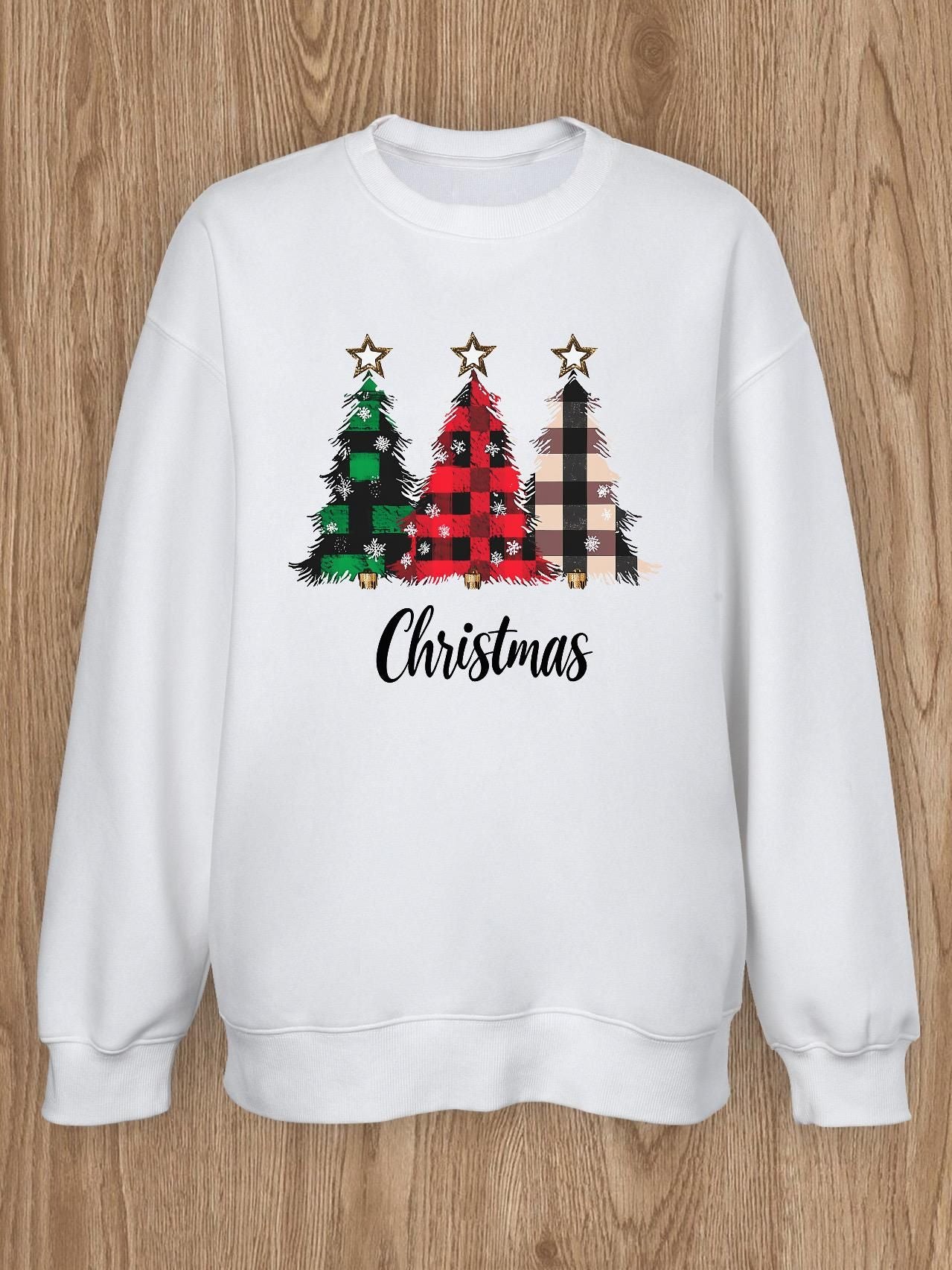 Women Basic Casual Pullover Spring Autumn Long Sleeve Plaid Christmas Tree Printed Round Neck