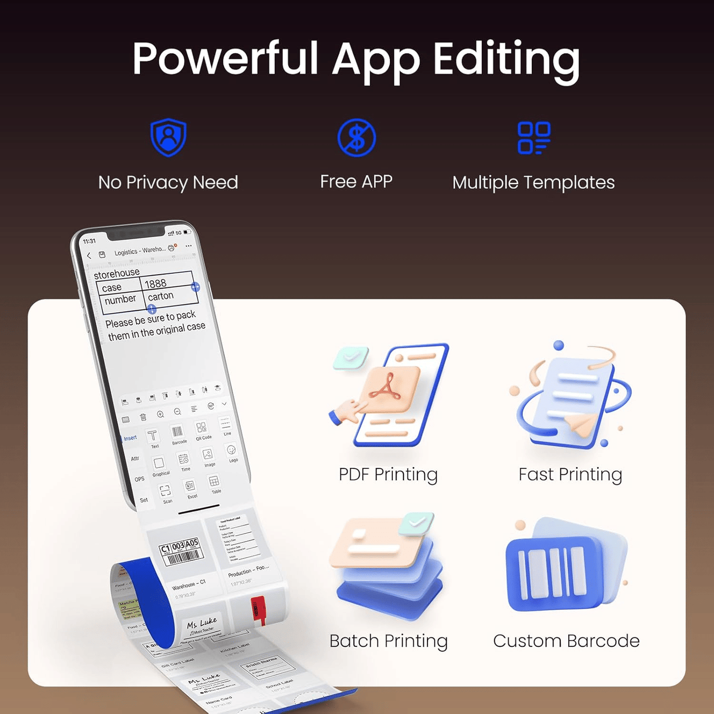 Label Maker Machine with Tape: 221B Thermal Inkless Label Printer 2 Inch Mini Portable Bluetooth Handheld Sticker Barcode Labeler Compatible with Phone & PC for Small Business Retail Office