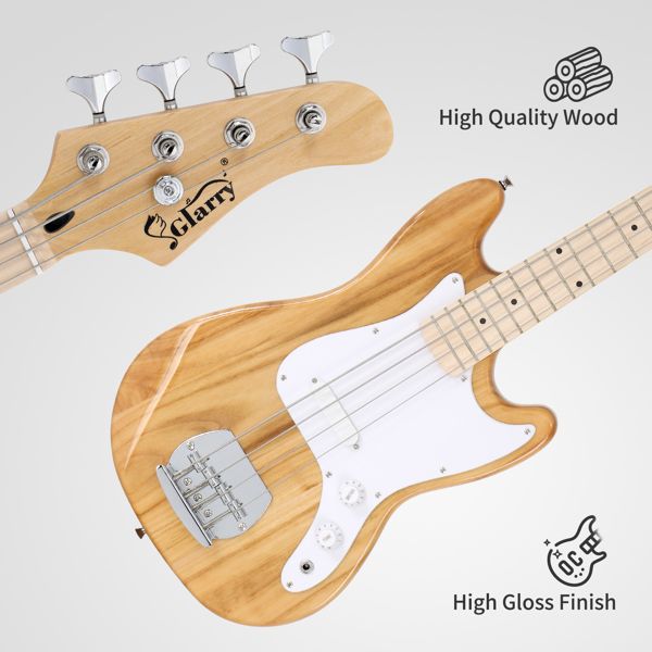 [Do Not Sell on Amazon] Glarry 4 String 30in Short Scale Thin Body GB Electric Bass Guitar with Bag Strap Connector Wrench Tool Burlywood