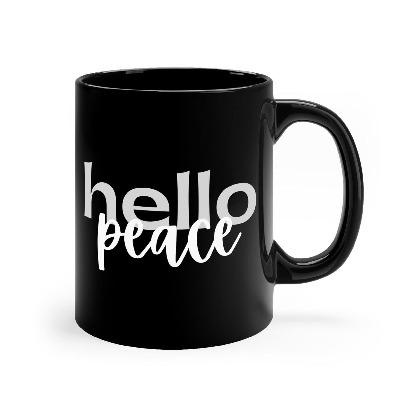 Black Ceramic Mug - 11oz, Hello Peace Motivational Peaceful Aspiration - Grey/white