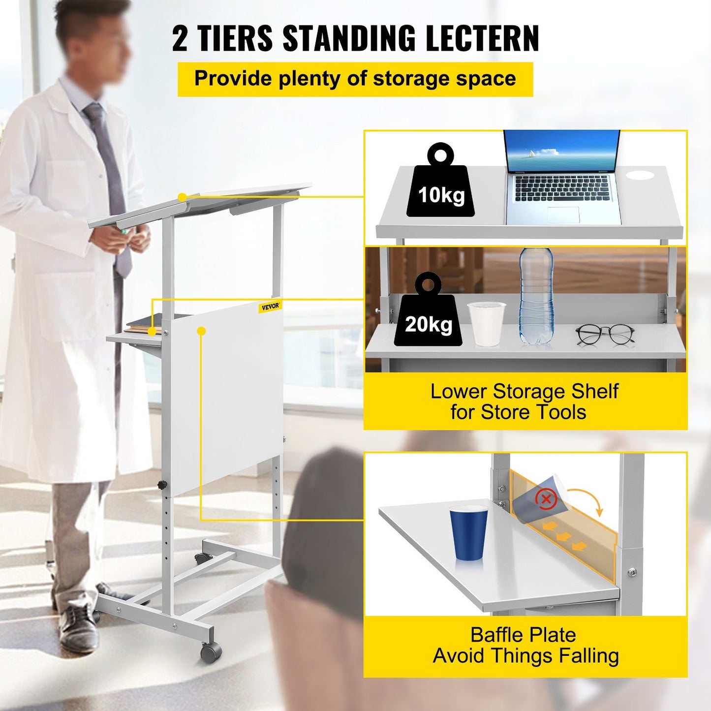 VEVOR Stand Up Lectern, Height Adjustment Portable Pulpit, Lectern Podium with 4 Rolling Casters, Lower Storage Shelf Floor Lectern Podium, White Lecterns & Podiums for Classroom, Concert, Church