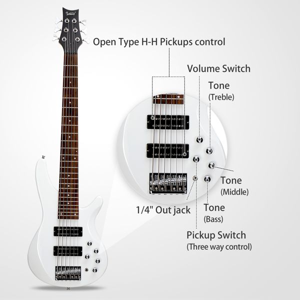 [Do Not Sell on Amazon]Glarry 44 Inch GIB 6 String H-H Pickup Laurel Wood Fingerboard Electric Bass Guitar with Bag and other Accessories White