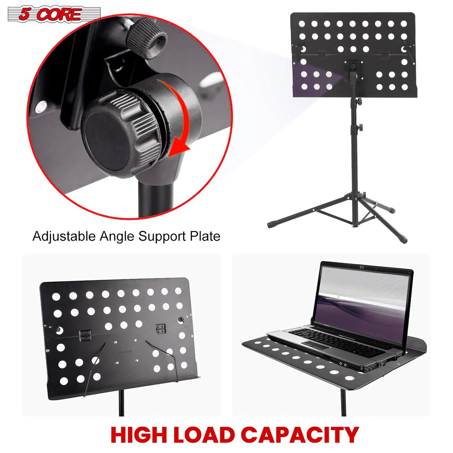 5 Core Music Stand For Sheet Music Height Adjustable Portable Folding Atril Para Partituras w Light Clip for Guitar Players Violinists Cellists Pianists - MUS FLD HD ACC BLK