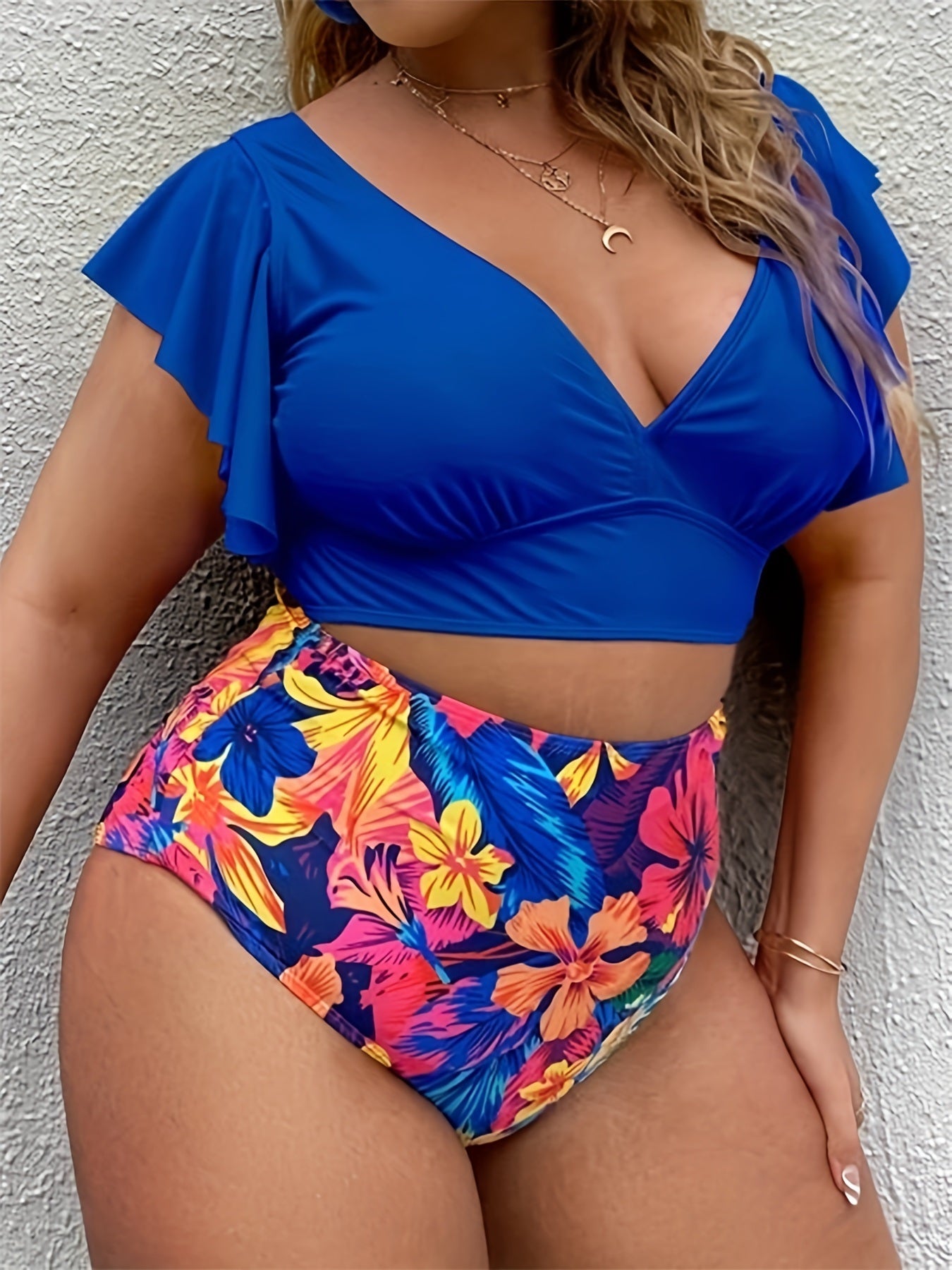 Plus Size Colorblock Tropical Print Bikini Set; Women's Plus Ruffle Sleeve High Waist Boho Swimsuit Set Bathing Suit Set