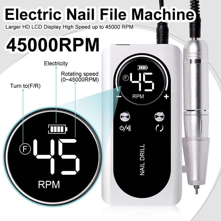 Portable Nail Drill Machine Professional 45000RPM, Rechargeable Electric Nail Drill Machine for Acrylic Nail Gel Polish Removal, Suitable for Nail Salon Home Cordless Nail Drill Machine Kit