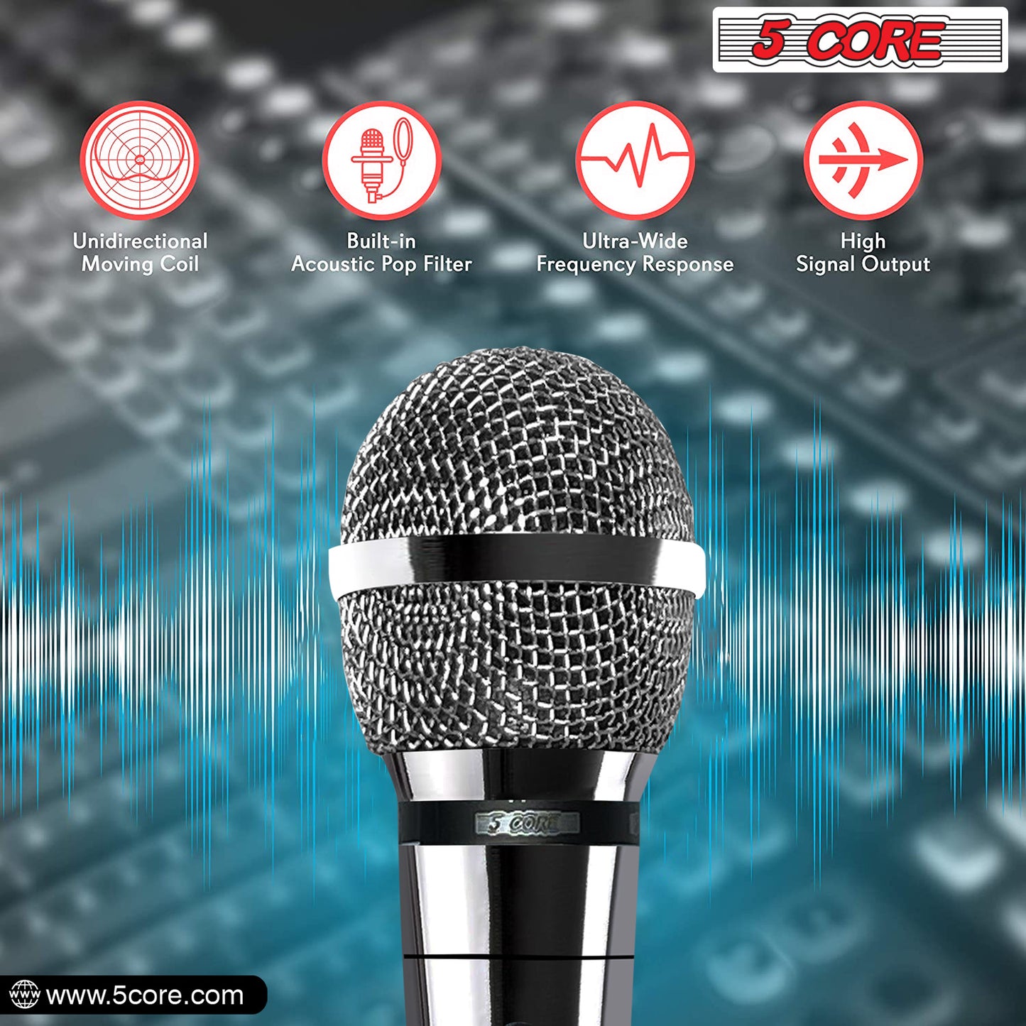 5 Core Microphone XLR Dynamic Mic Karaoke Singing Handheld Microfono Wired Professional Unidirectional 1/4 Plug In Cord Connection for Vocal DJ Music - PM 111 CH