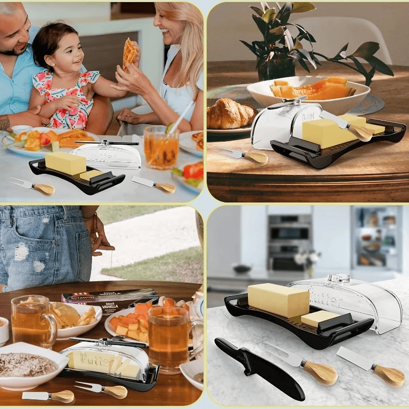 Plastic butter dish, butter knife/spatula for home kitchen, camping utensils.