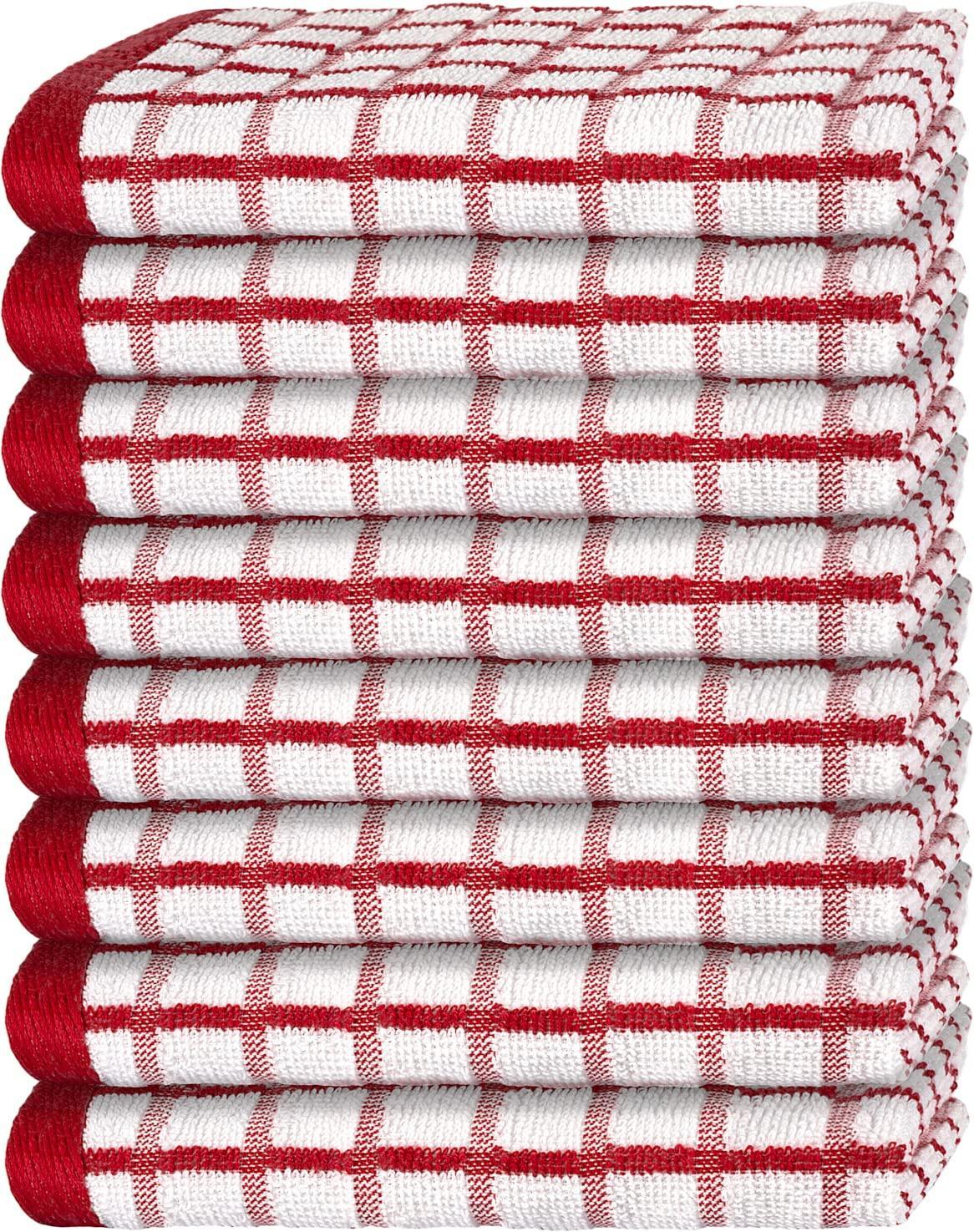 Premium Dish Towels for Kitchen with Hanging Loop 8 Pack Heavy Duty Absorbent 100% Cotton 410 GSM Terry Kitchen Towels 16x26 inch Red Color