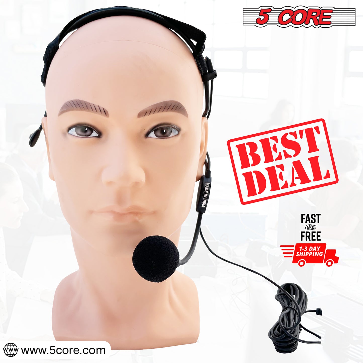 5 Core Wired Microphone Headset • w ¼ Inch Connector • Headworn Hanging Unidirectional Condenser Mic • Flexible Boom for Voice Amplifier • for Speaking Teachers Presentations- MIC HM 01