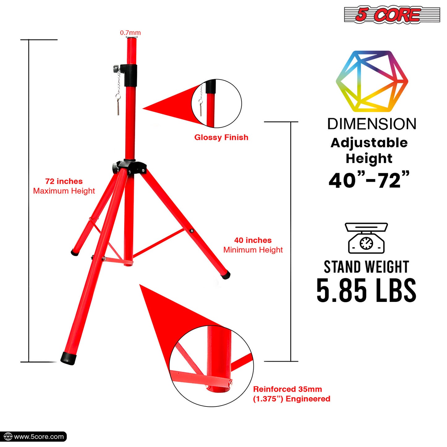 5 Core Speaker Stand Tripod Floor Heavy Duty Adjustable Up to 72 Inch DJ Studio Monitor Stands Pole Mount  - SS HD RED BAG