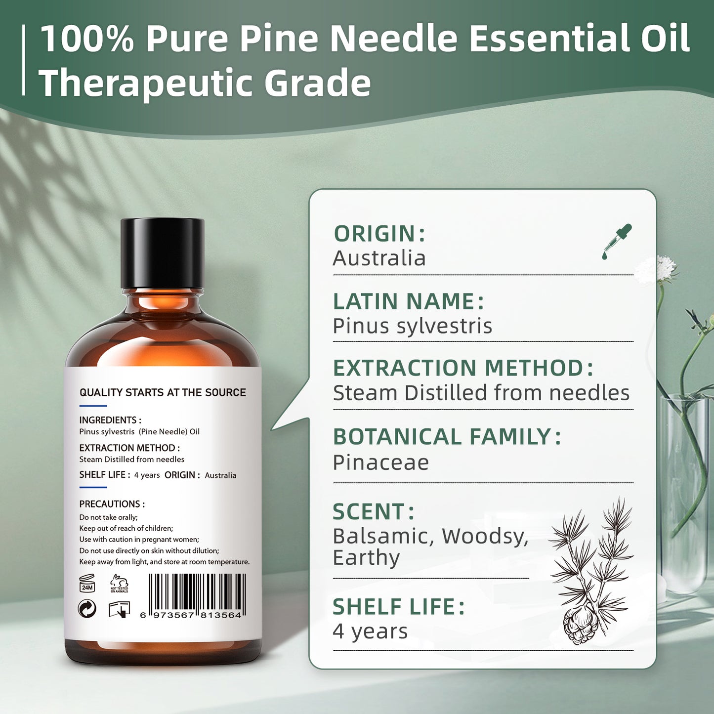 HIQILI 100ML Pine Needles Essential Oils,100% Pure Nature for Aromatherapy, Diffuser, Humidifier, Massage, Relieving stress