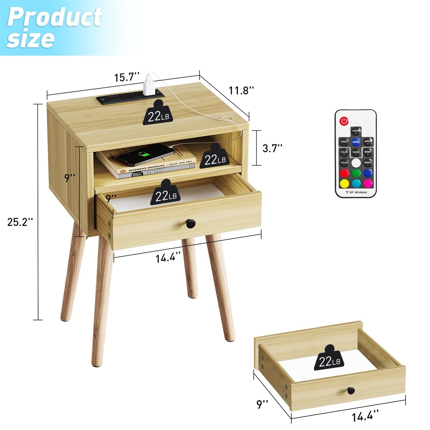 Nightstands with Charging Station, 2-Tier Storage & 20 Colors Remote LED Lights.