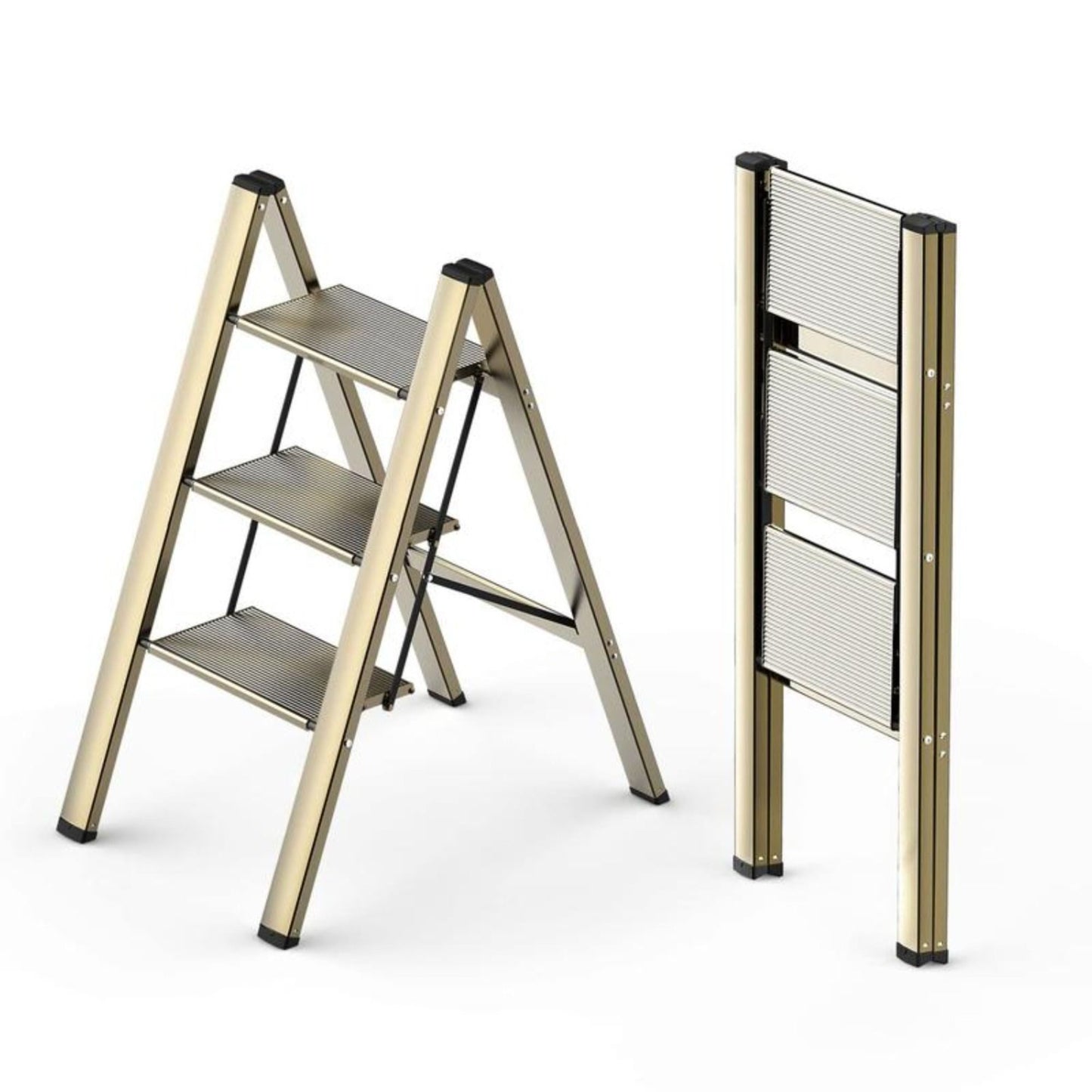 3-level ladder, foldable step stool with wide anti slip pedals, lightweight aluminum ladder, suitable for portable stairs in homes, kitchens, and offices, 300lbs gold color