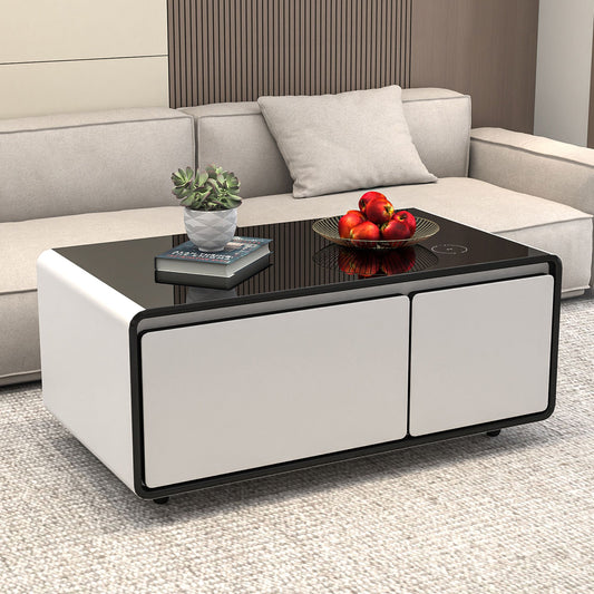 Modern Smart mini Coffee Table with Built in Fridge;  Outlet protection; Wireless charging module; Mechanical temperature control; Power socket; USB interface And power interface.