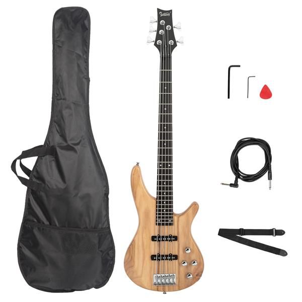 [Do Not Sell on Amazon]Glarry GIB Electric 5 String Bass Guitar Full Size Bag Strap Pick Connector Wrench Tool Burlywood