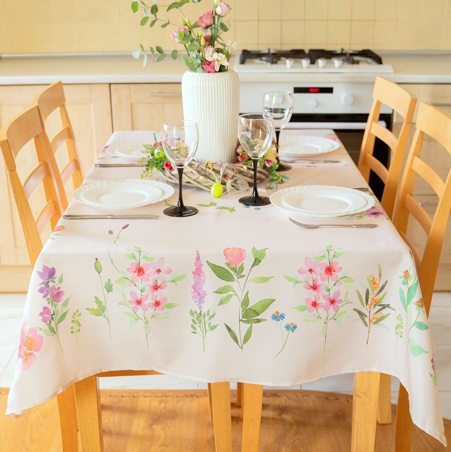 Finest Floral Coloring Square Easter Tablecloth Non Iron Stain Resistant Table Cover 60x60 inch