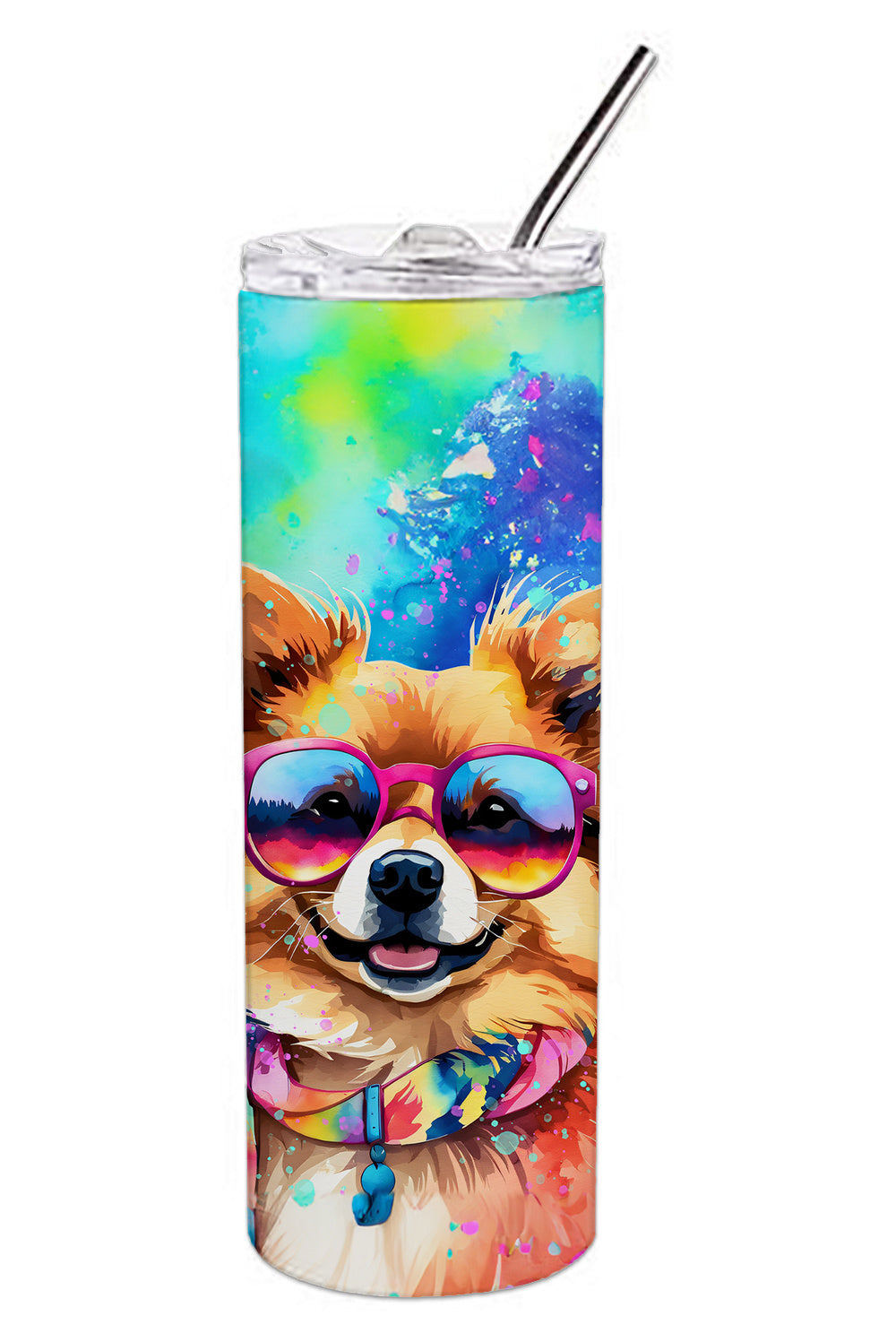 Pomeranian Hippie Dawg Stainless Steel Skinny Tumbler Vacuum Double Walled Reusable Insulated Tumbler Travel Cup for Coffee Cocktails Gift with Lid, 20 oz