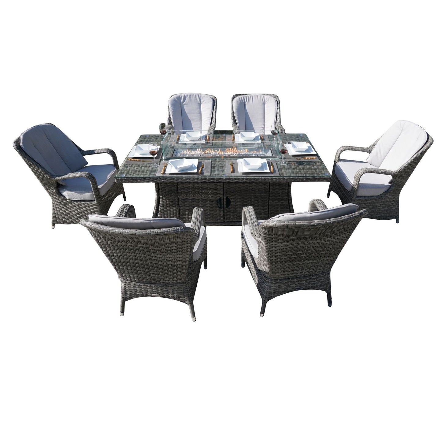 Direct Wicker 7-Piece Patio Wicker Gas Fire Pit Set Rectangular Table With Arm Chairs