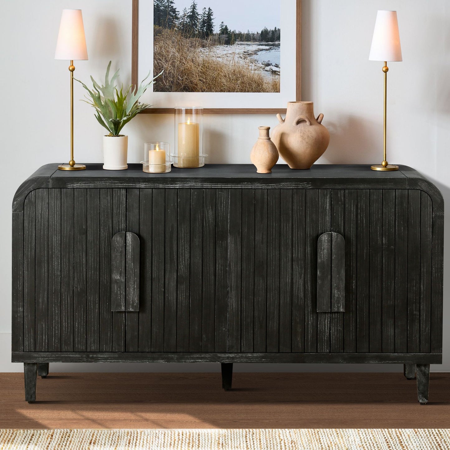 59'' Farmhouse Curved Vintage Storage Sideboard with Large Wooden Handles, Vertical Wood Grain Carving and Adjustable Shelves for Kitchen,Dining Room (Antique Black)