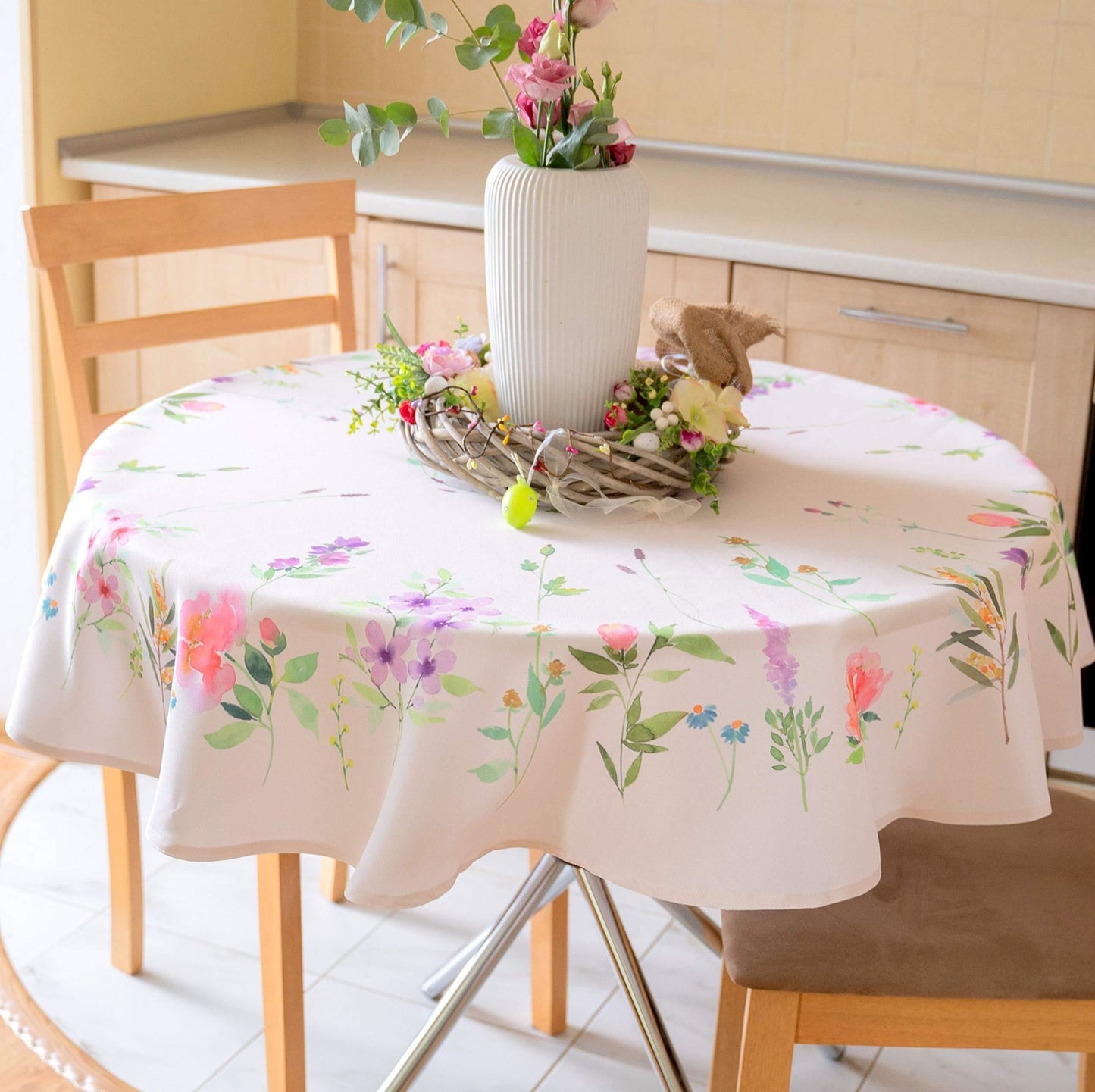 Finest Floral Coloring Round Easter Tablecloth Non Iron Stain Resistant Table Cover Diameter 60 inch