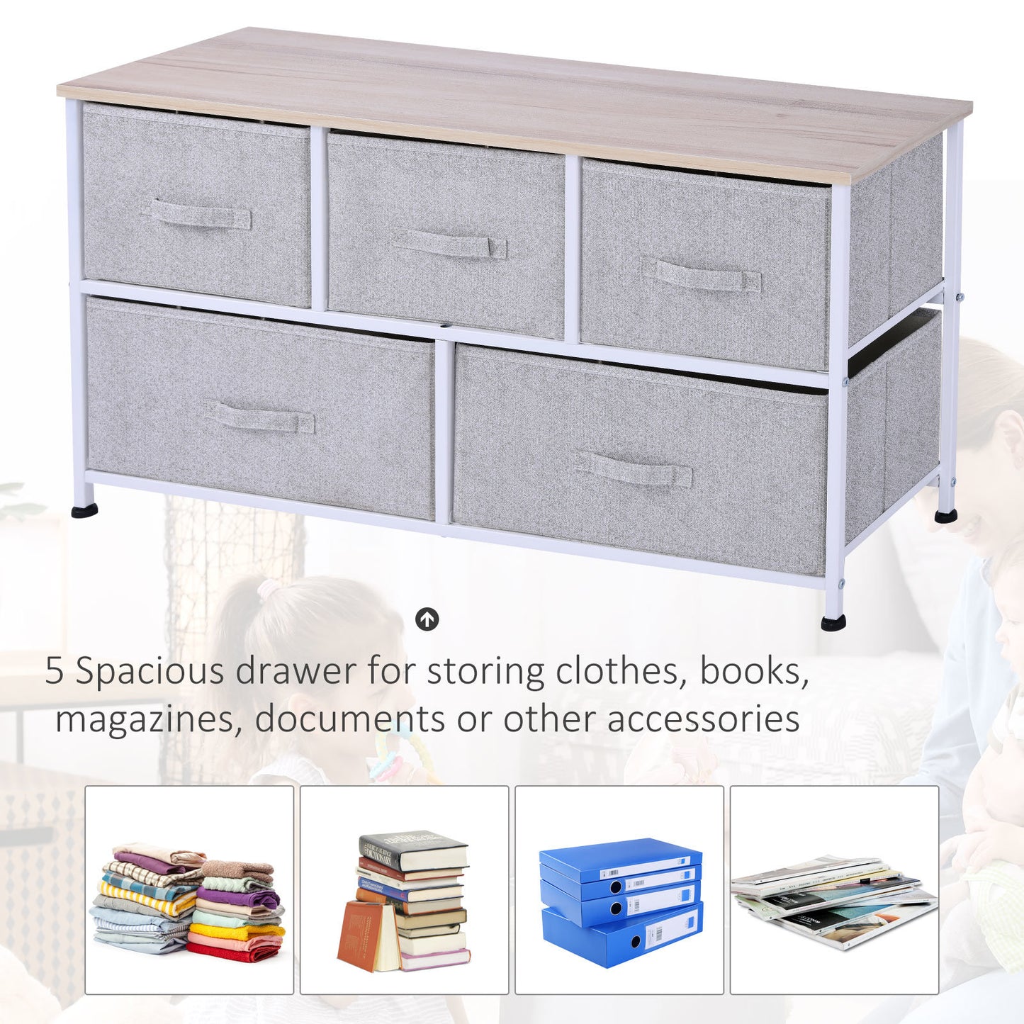 40" L 5 Drawer Horizontal Storage Cube Dresser Unit Bedroom Organizer Livingroom Shelf Tower with Fabric Bins