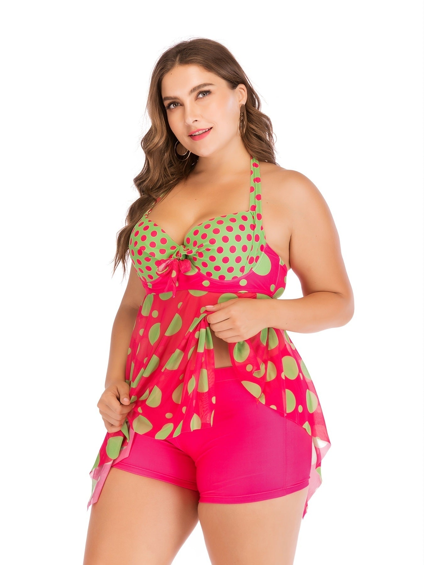 Plus Size Dot Print Contrast Mesh Top & Shorts Swimsuit Set; Women's Plus Medium Stretch Boho Swimsuit 2pcs Set