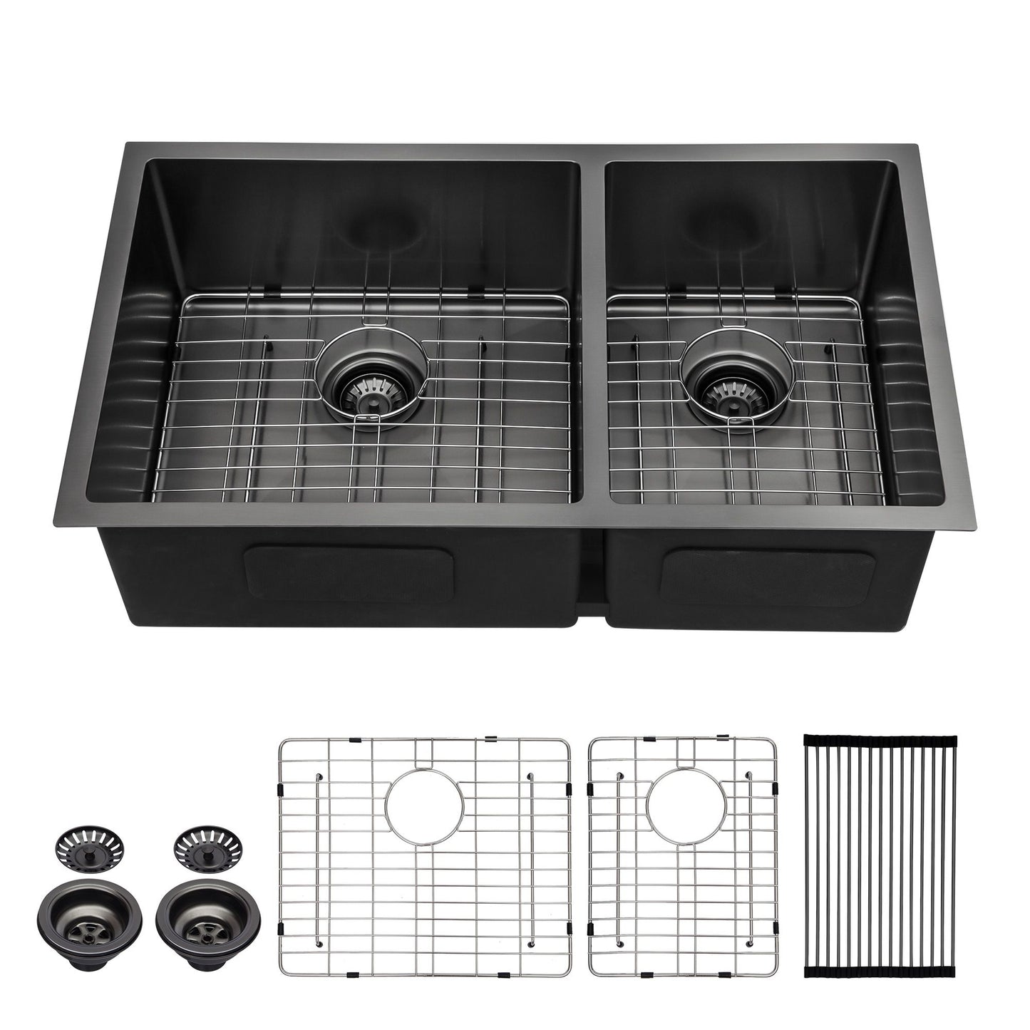 Lordear 33 Inch Undermount Kitchen Sink Double Bowl 16 Gauge Stainless Steel Gunmetal Black Sink