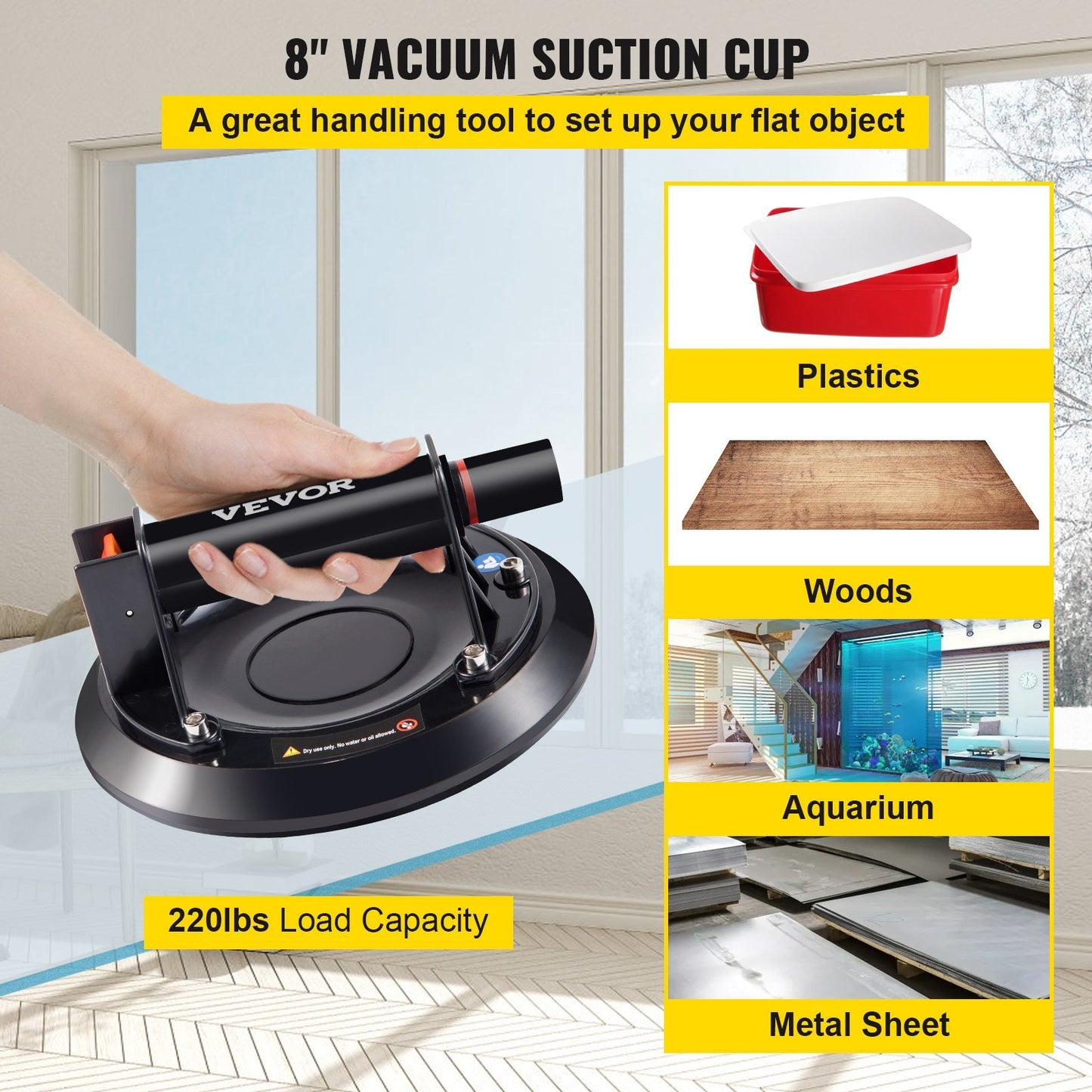 VEVOR Glass Suction Cup, 8'' Vacuum Suction Cup, 220lbs Load Capacity Vacuum Glass Lifter with Plastic Handle, Heavy-Duty Hand-Held Glass Lifter For Granite & Glass Lifting(With a free case)