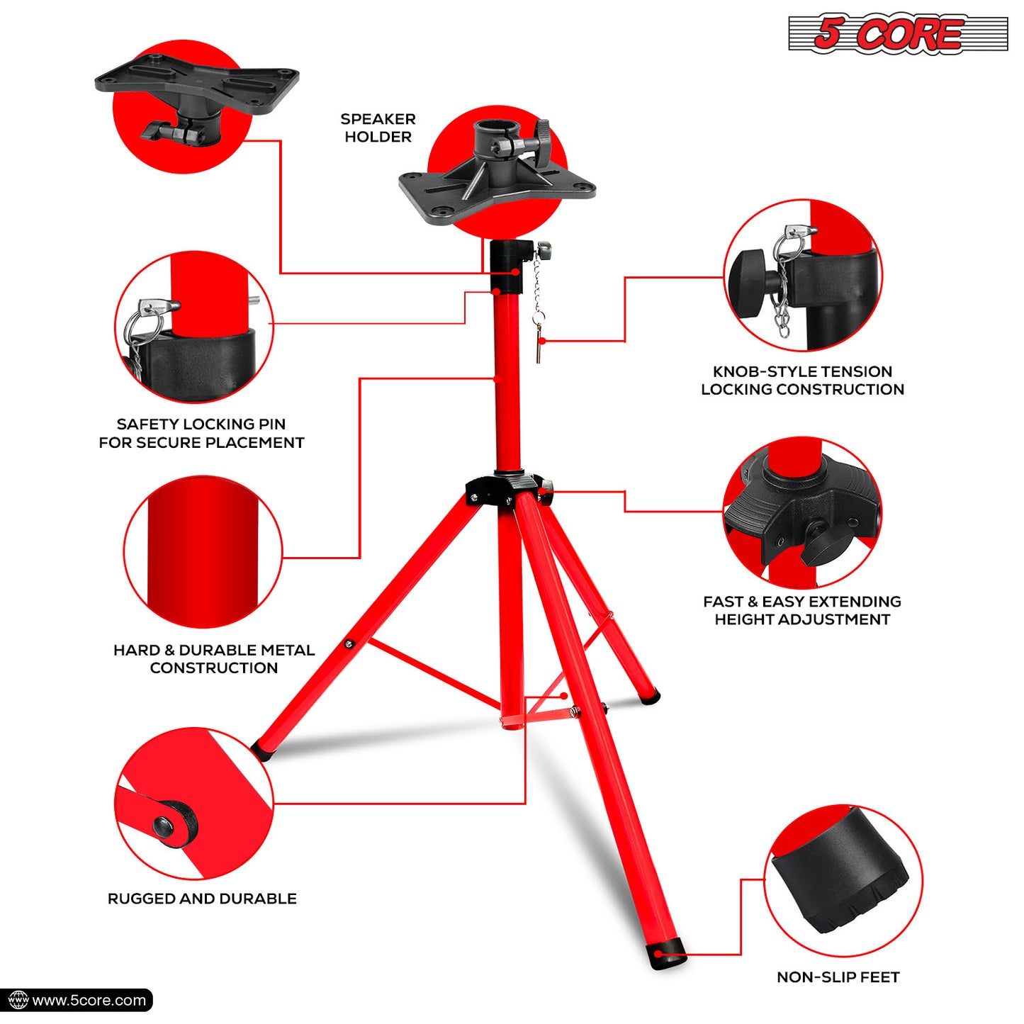 5 Core Speaker Stand Tripod Floor Heavy Duty Adjustable Up to 72 Inch DJ Studio Monitor Stands Pole Mount  - SS HD RED BAG