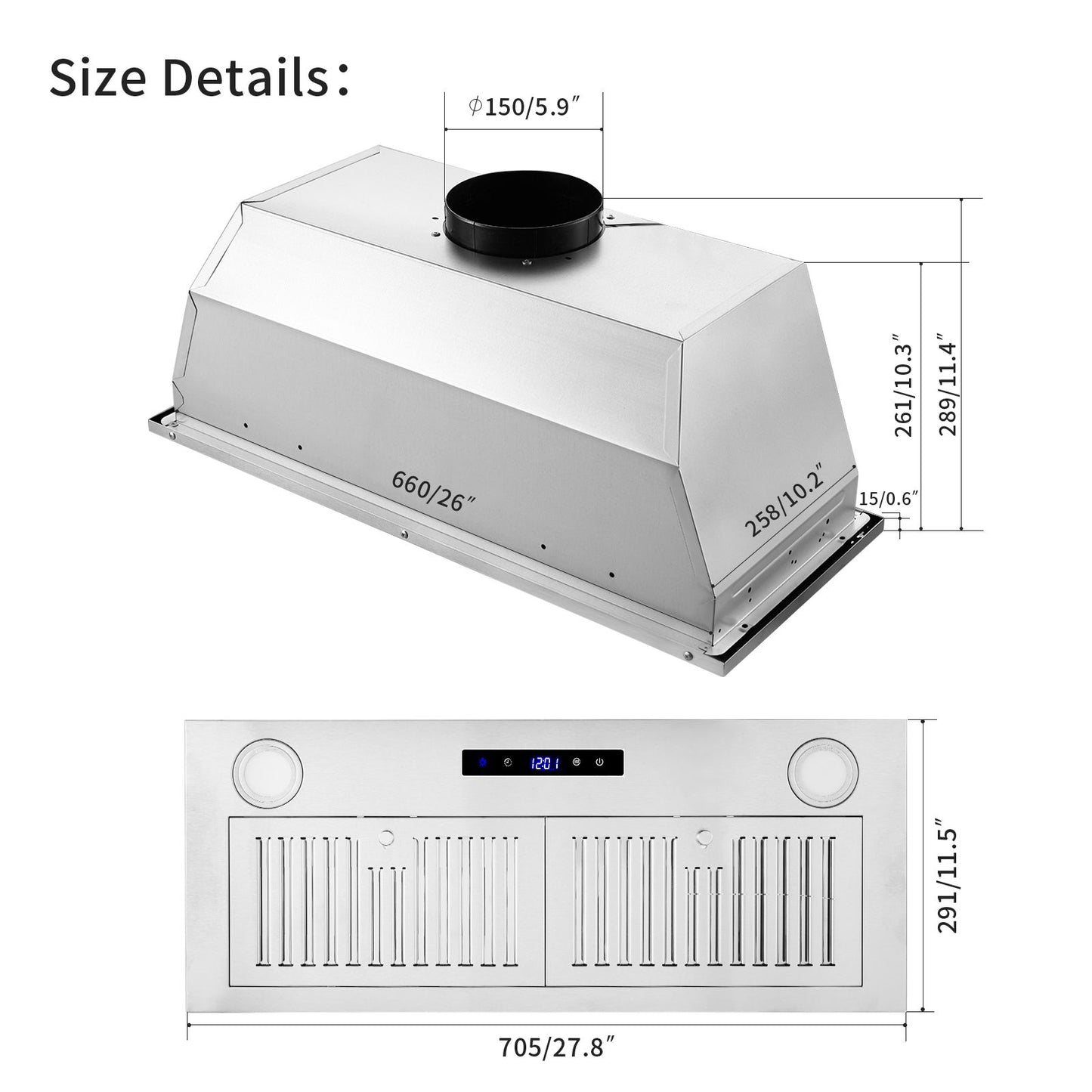 Range Hood Insert 30 inch,Stainless Steel Kitchen Vent Hood 600CFM,Built-in Kitchen Stove Hood w/Front Touch Control and Front LED Lights,Baffle Filters,Ducted/ductless Convertible Duct