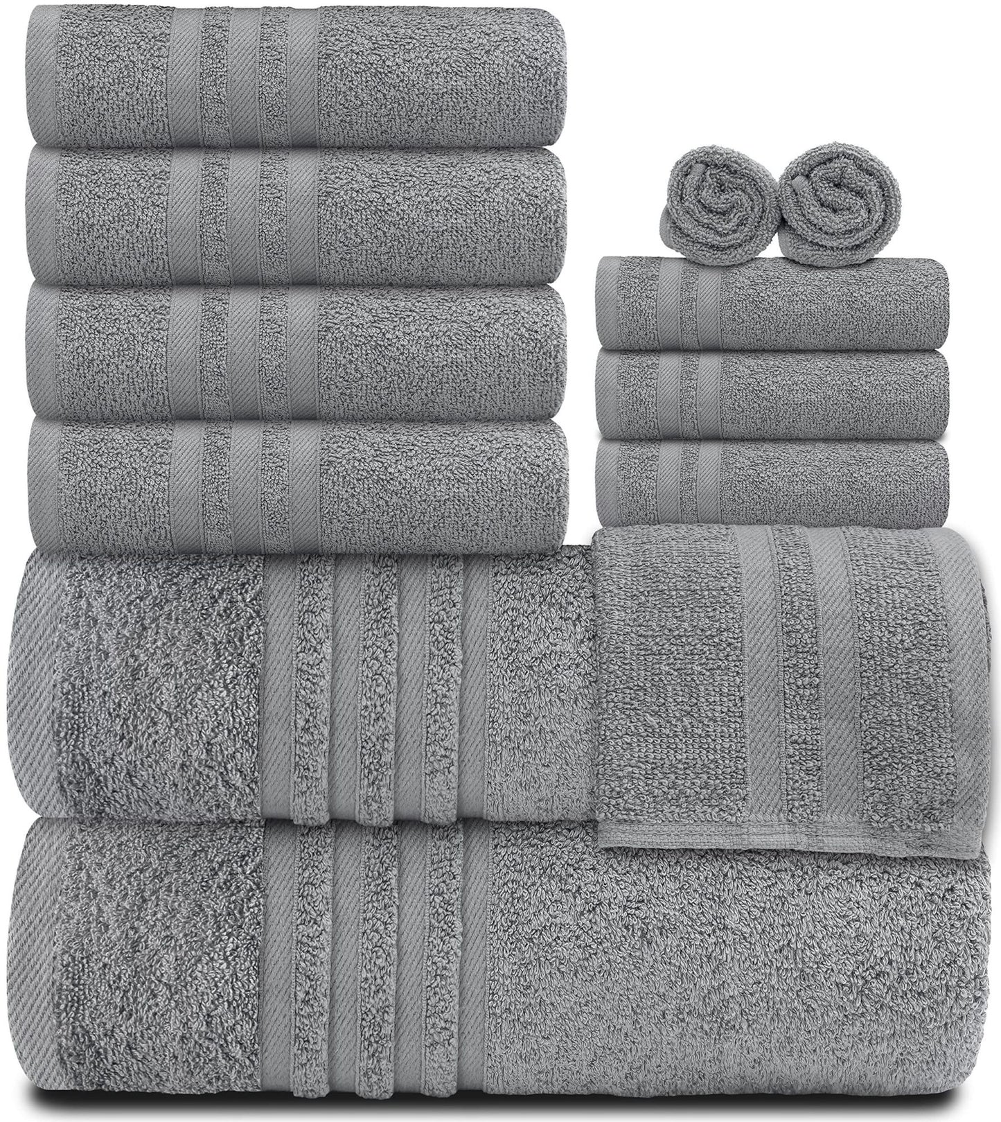 12 Piece Bath Towel Set for Bathroom Wealuxe Collection 2 Bath Towels 4 Hand Towels 6 Washcloths 100% Cotton Soft and Plush Highly Absorbent Soft Towel for Hotel & Spa Light Gray