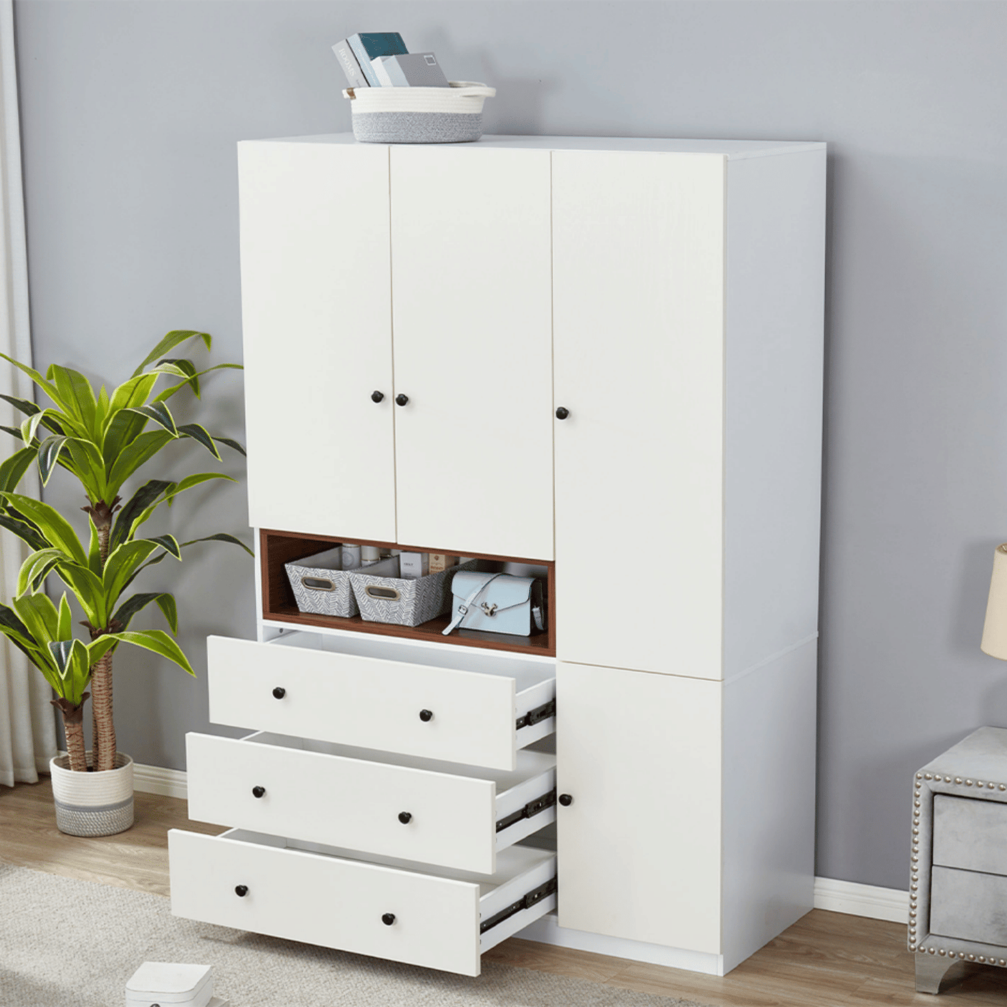 3-Door Armoire Wardrobe Closet, Wooden 3 Drawers White Closet Storage Cabinet for Large Capacity, Tall Cabinet Closet with 2 Hanging Rod for Bedroom 47.3" L x 20.3" W x 72" H